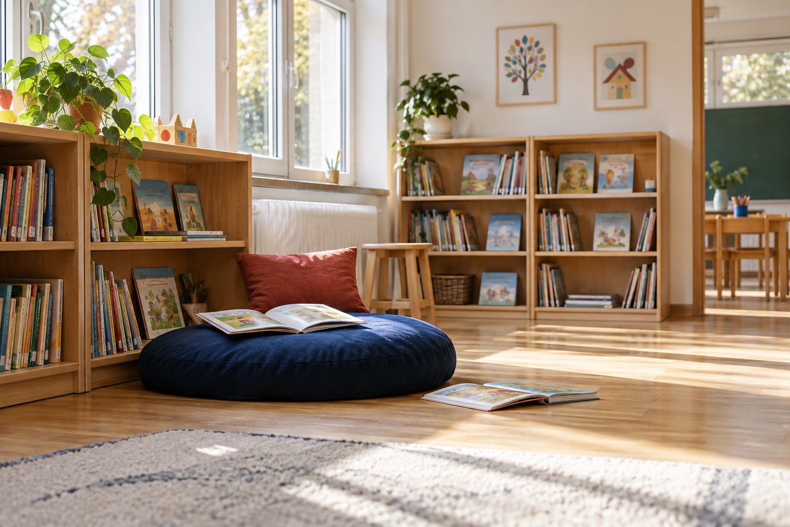 Leseecke mit Bücherregalen und Sitzkissen in der Grundschule